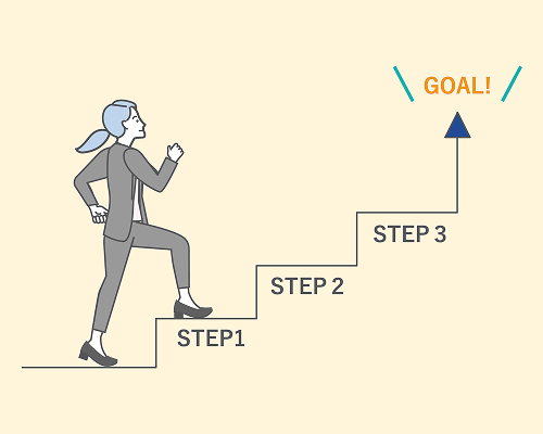 STEPを上りゴールを目指す女性のイラスト